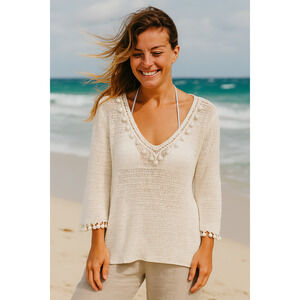 Calypso St. Barth crochet V-Neck Sweater 100% linen White Size M tunic coastal